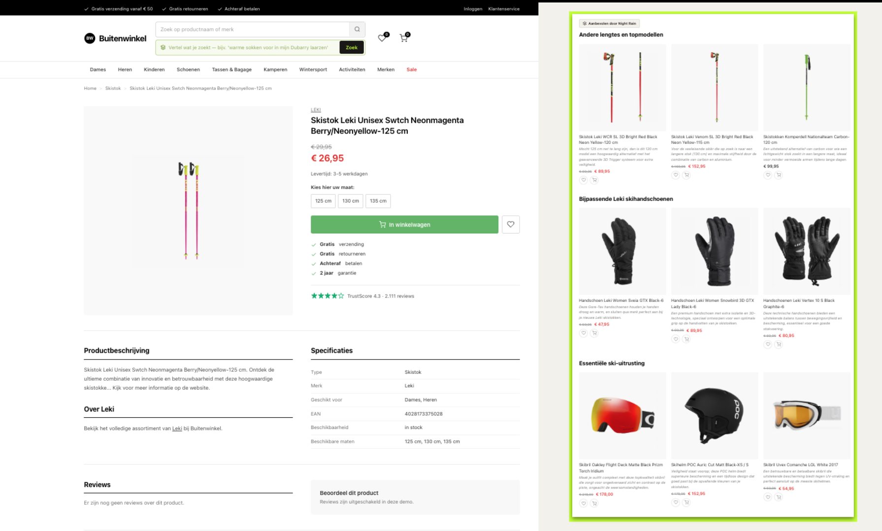 Buitenwinkel productpagina met Night Rain recommender